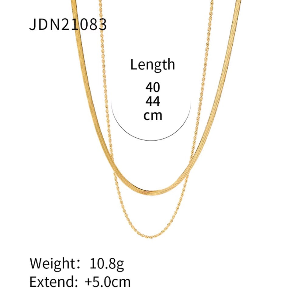 18K Gold Horseshoe Clover Lucky Charm Herringbone Double Chain Layered Necklace Set