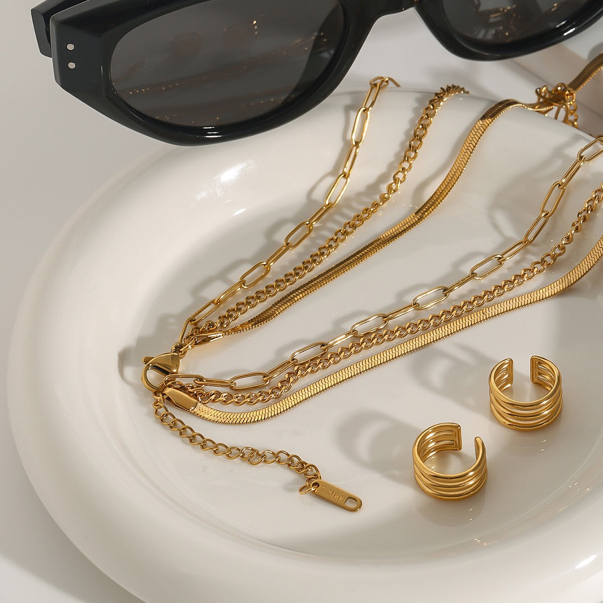 18K Gold Herringbone Snake Chain Paperclip Layered Necklace Set