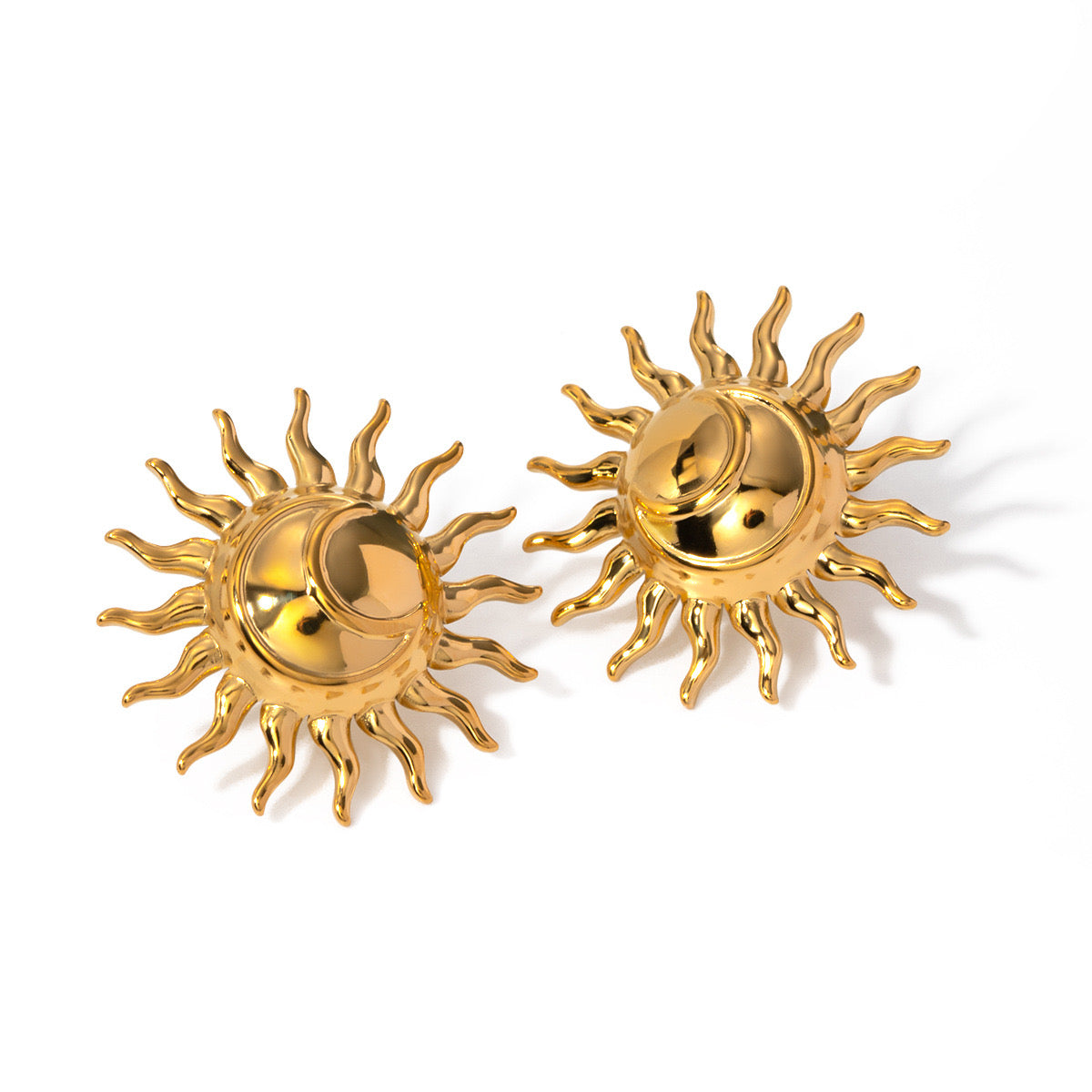 18K Gold Moon and Sun Statement Stud Earrings
