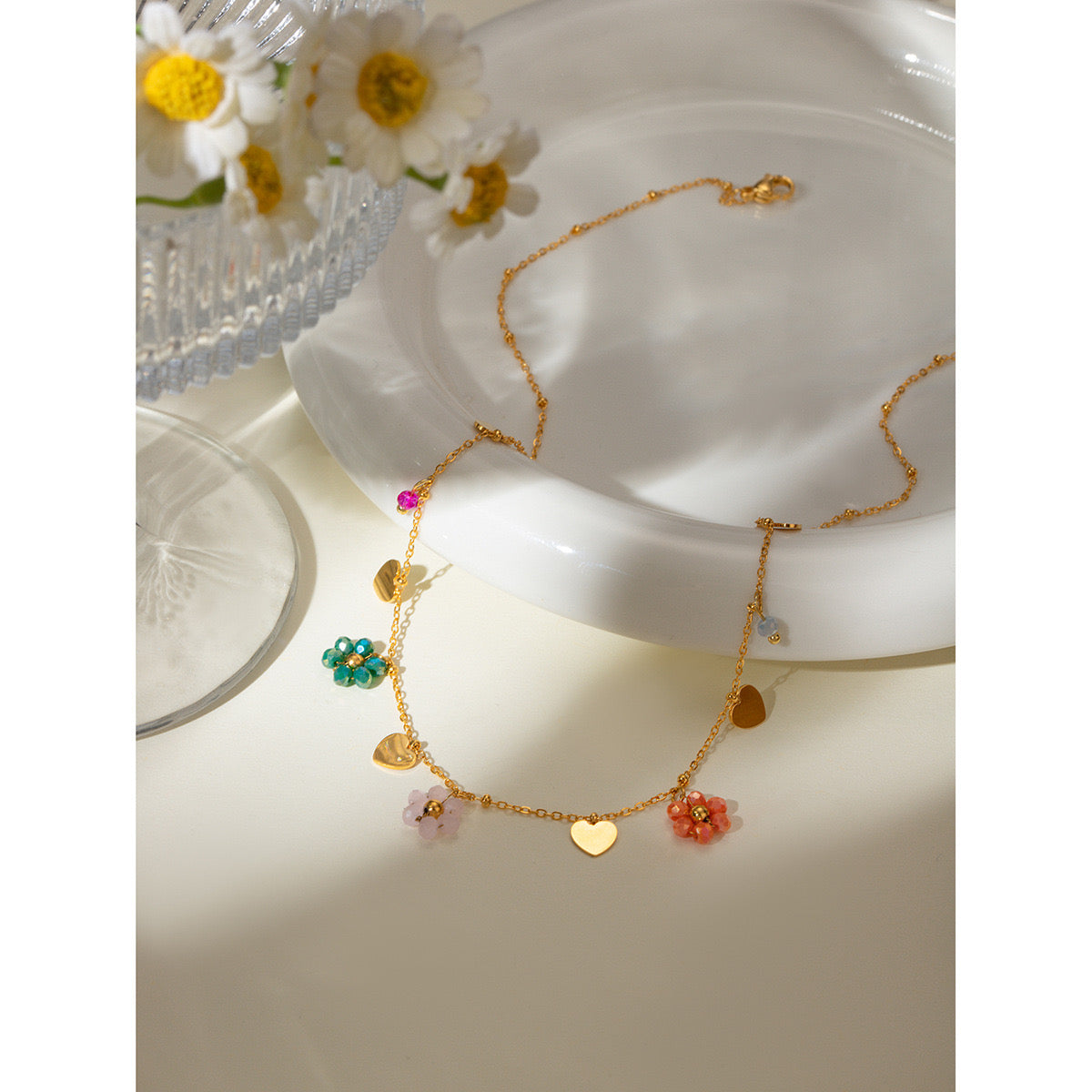 18K Gold Beaded Daisy Flower Necklace