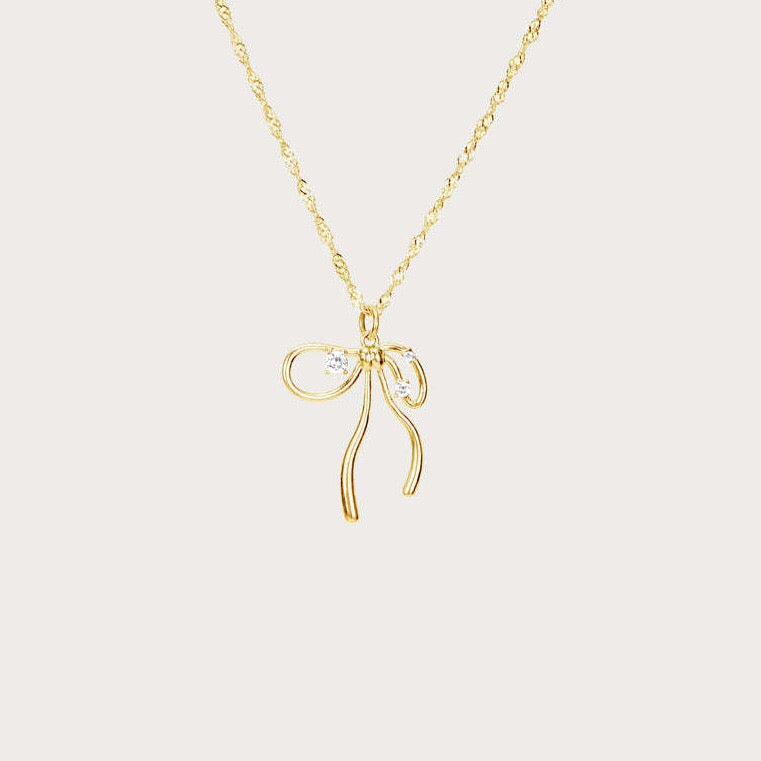 18K Gold Starry Coquette Bow Pendant Necklace