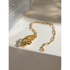 18K Gold Pearl Heart Paperclip Chain Charm Bracelet