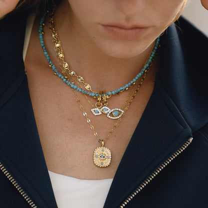 18K Gold Turquoise Evil Eye Pendant Beaded Statement Layered Necklace Set