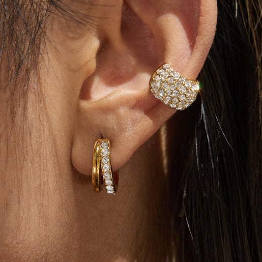 18K Gold Diamond Fever Huggie Earrings Ear Cuff Set