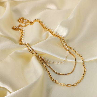 18K Gold Paperclip Box Chain Pearl Layered Necklace