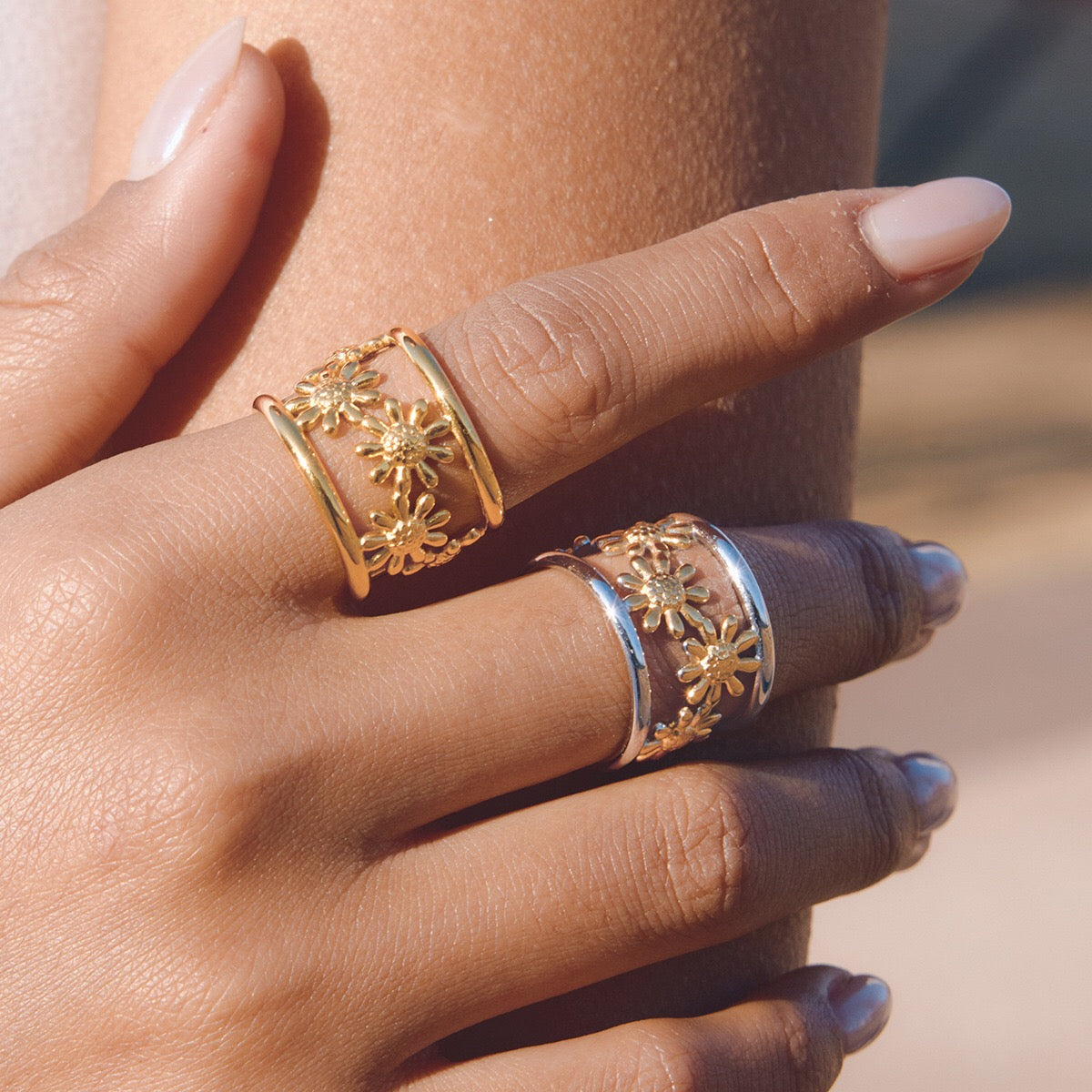 18K Gold and Silver Two Tone Wild Bloom Flower Statement Bangle Cuff Bracelet