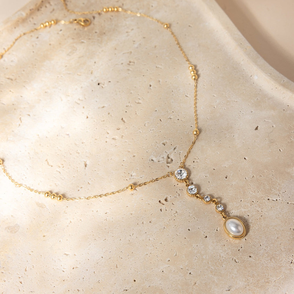 18K Gold Sweet Lumi Pearl Y Shape Lariat Dainty CZ Necklace
