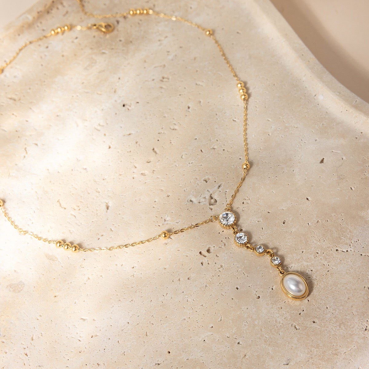 18K Gold Sweet Lumi Pearl Y Shape Lariat Dainty CZ Necklace