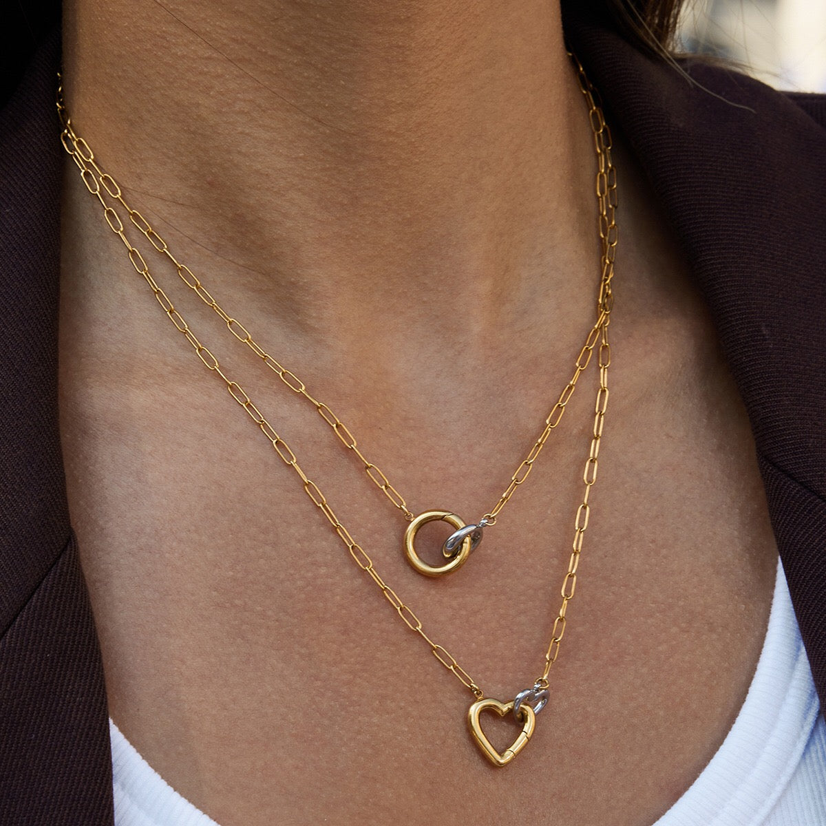 18K Gold and Silver Two Tone Linked Heart Charm Necklace