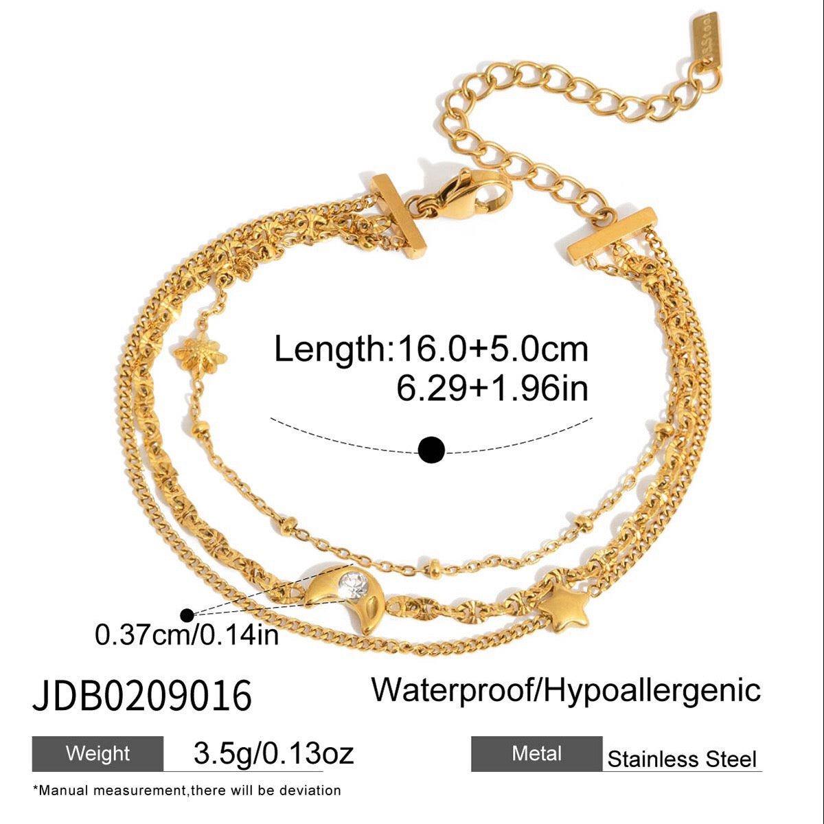 18K Gold Petite Joys Moon and Star Pink Jewel Dainty Three Chain Bracelet