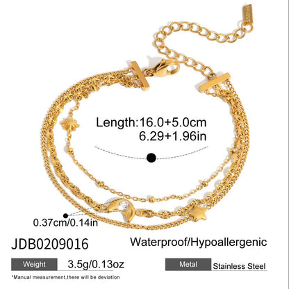 18K Gold Petite Joys Moon and Star Pink Jewel Dainty Three Chain Bracelet