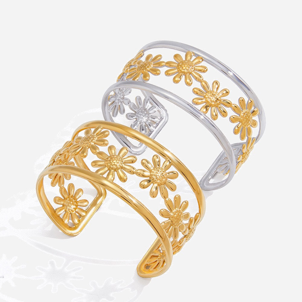 18K Gold and Silver Two Tone Wild Bloom Flower Statement Bangle Cuff Bracelet
