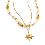 18K Gold Sun Pendant Beaded Pearl Layered Necklace Set
