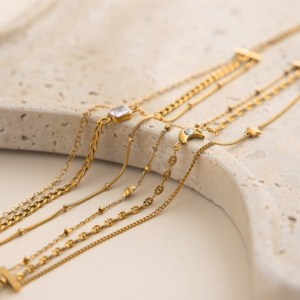 18K Gold Petite Joys Moon and Star Pink Jewel Dainty Three Chain Bracelet