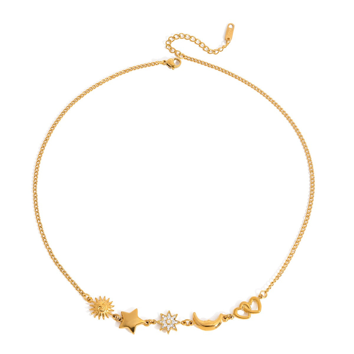 18K Gold Celestial Dream Sun Moon Star Heart Charm Necklace