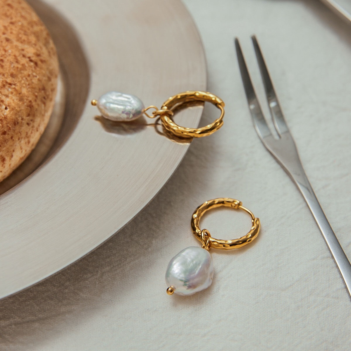 18K Gold Moonlit Elegant Pearl Huggie Earrings Ear Cuffs Studs Set