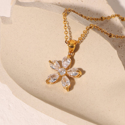18K Gold Bling Flower CZ Pendant Necklace