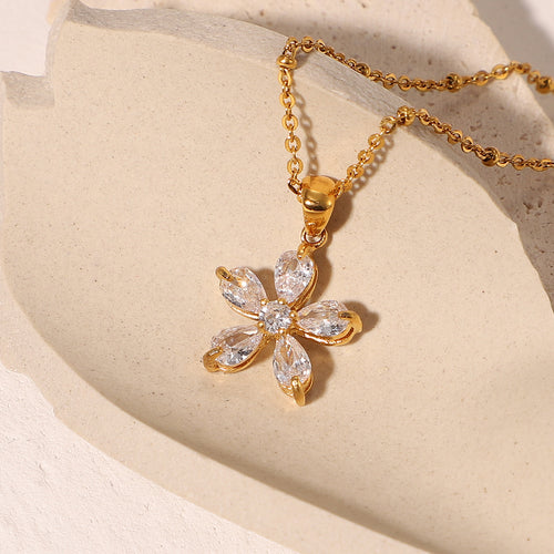 18K Gold Bling Flower CZ Pendant Necklace