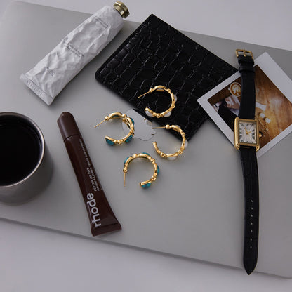 18K Gold Modern Charm Pearl Turquoise Hoop Earrings