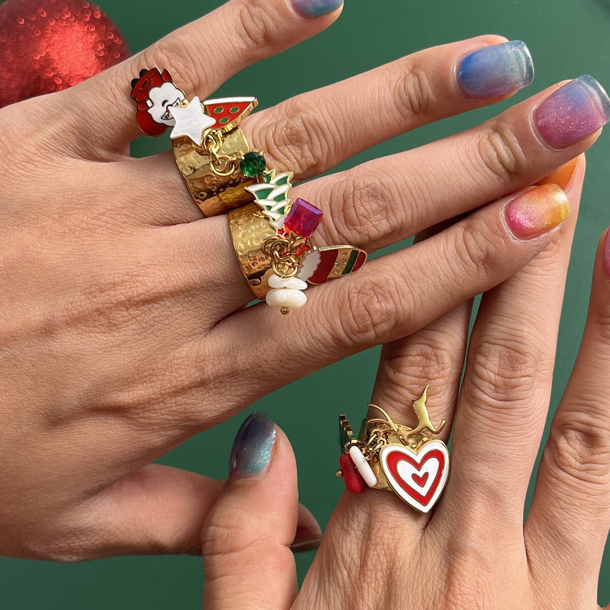 18K Gold Holiday Gleam Christmas Charm Statement Band Ring