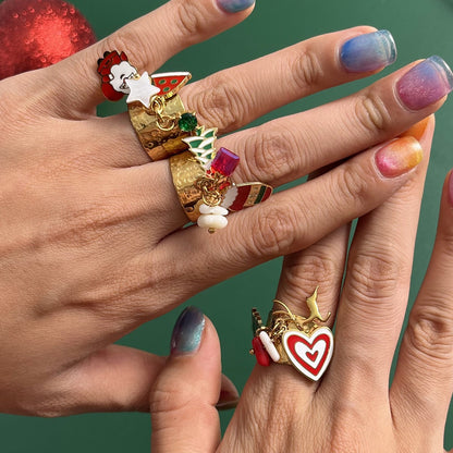 18K Gold Holiday Gleam Christmas Charm Statement Band Ring