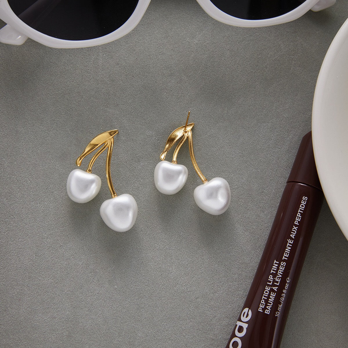 18K Gold Pearl Cherry Statement Dangle Stud Earrings