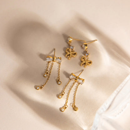 18K Gold Little Bow Charm Dangle Stud Earrings