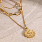18K Gold Coin Pendant Paperclip Chain Layered Necklace Set