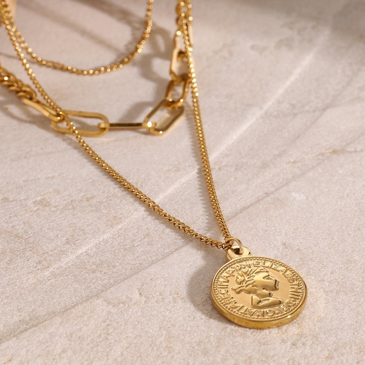 18K Gold Coin Pendant Paperclip Chain Layered Necklace Set