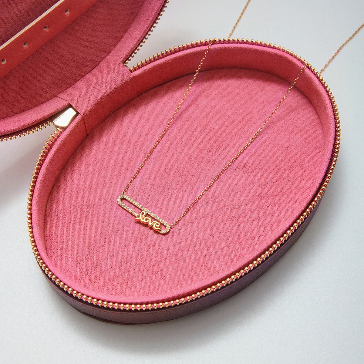 18K Gold Bling Love Letter Pink Jewel Paperclip Chain Layered Necklace Set
