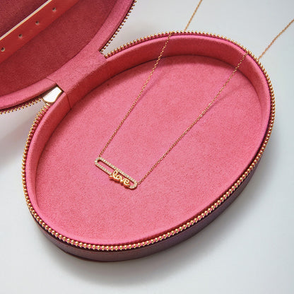 18K Gold Bling Love Letter Pink Jewel Paperclip Chain Layered Necklace Set