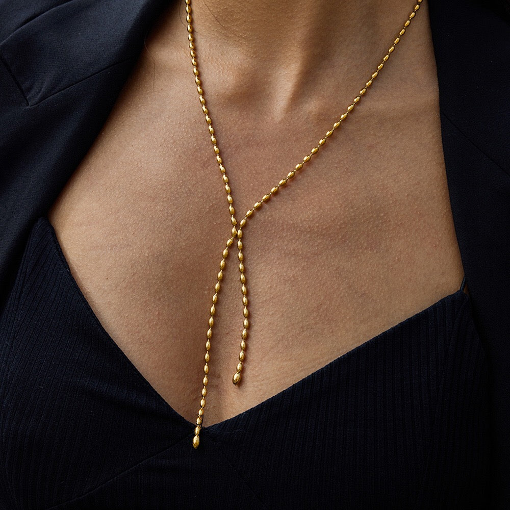 18K Gold Gala Beaded Y Shape Lariat Chain Necklace