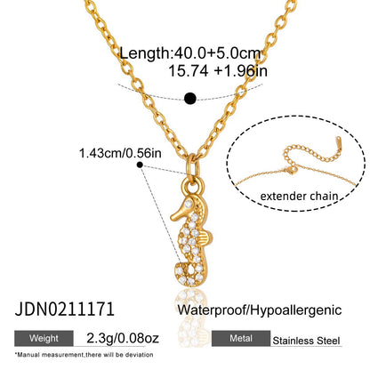 18K Gold Ocean Sparkle Seashell Palm Tree Dainty Pave Pendant Necklace Jewelry Set