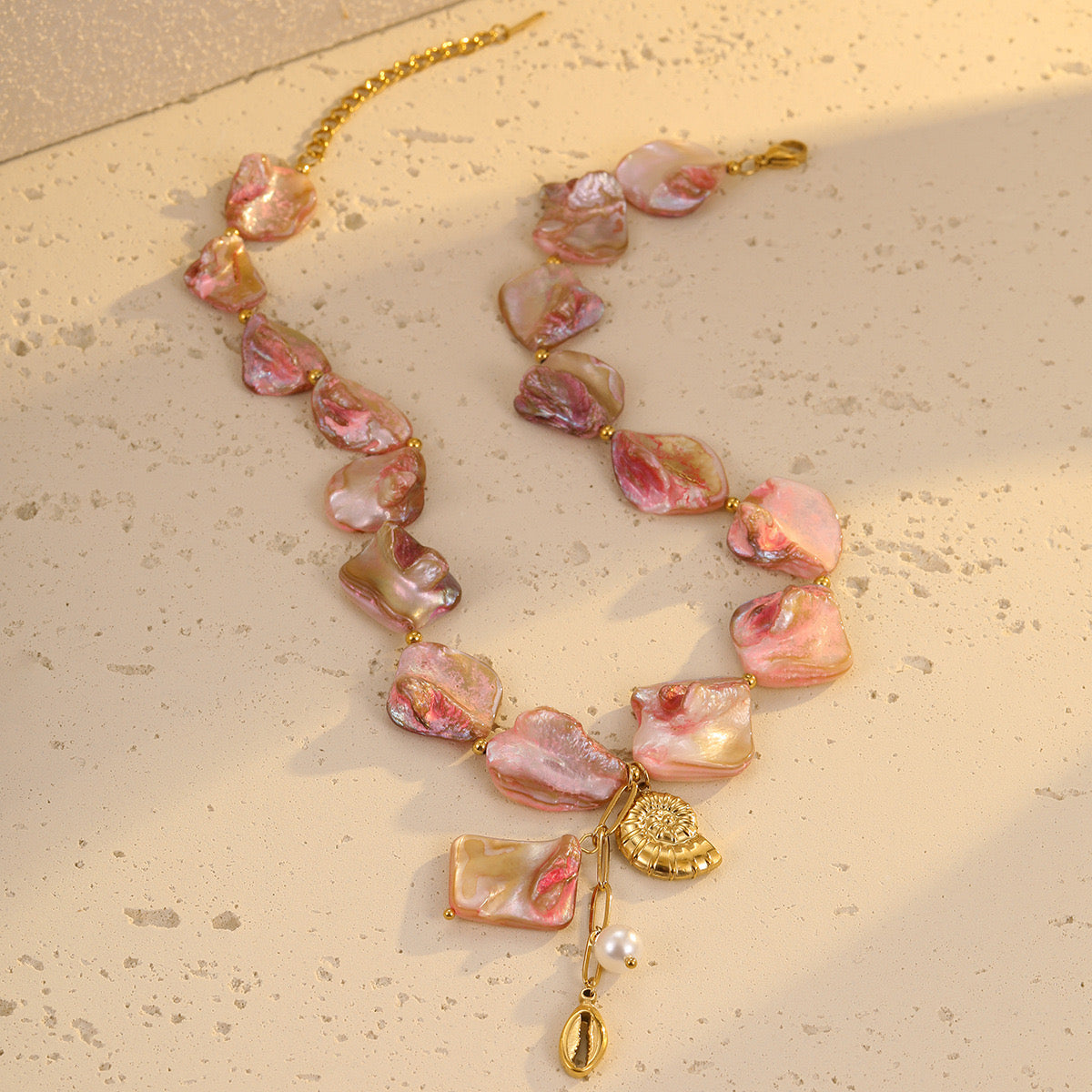 18K Gold Pink Seashell Chunky Statement Summer Necklace
