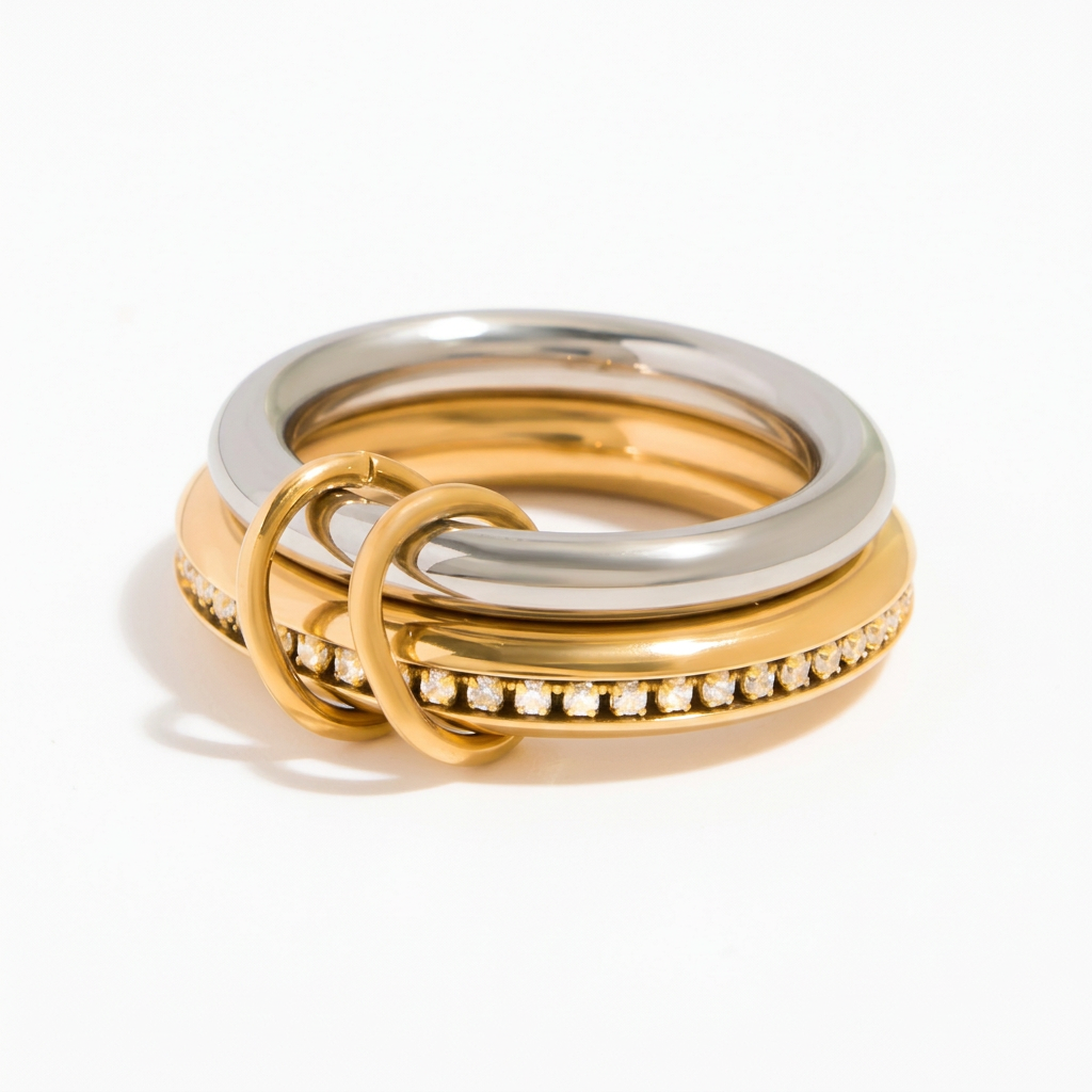 18K Gold and Silver Two Tone Pave Multi Layers Spinelli Stacking Rings