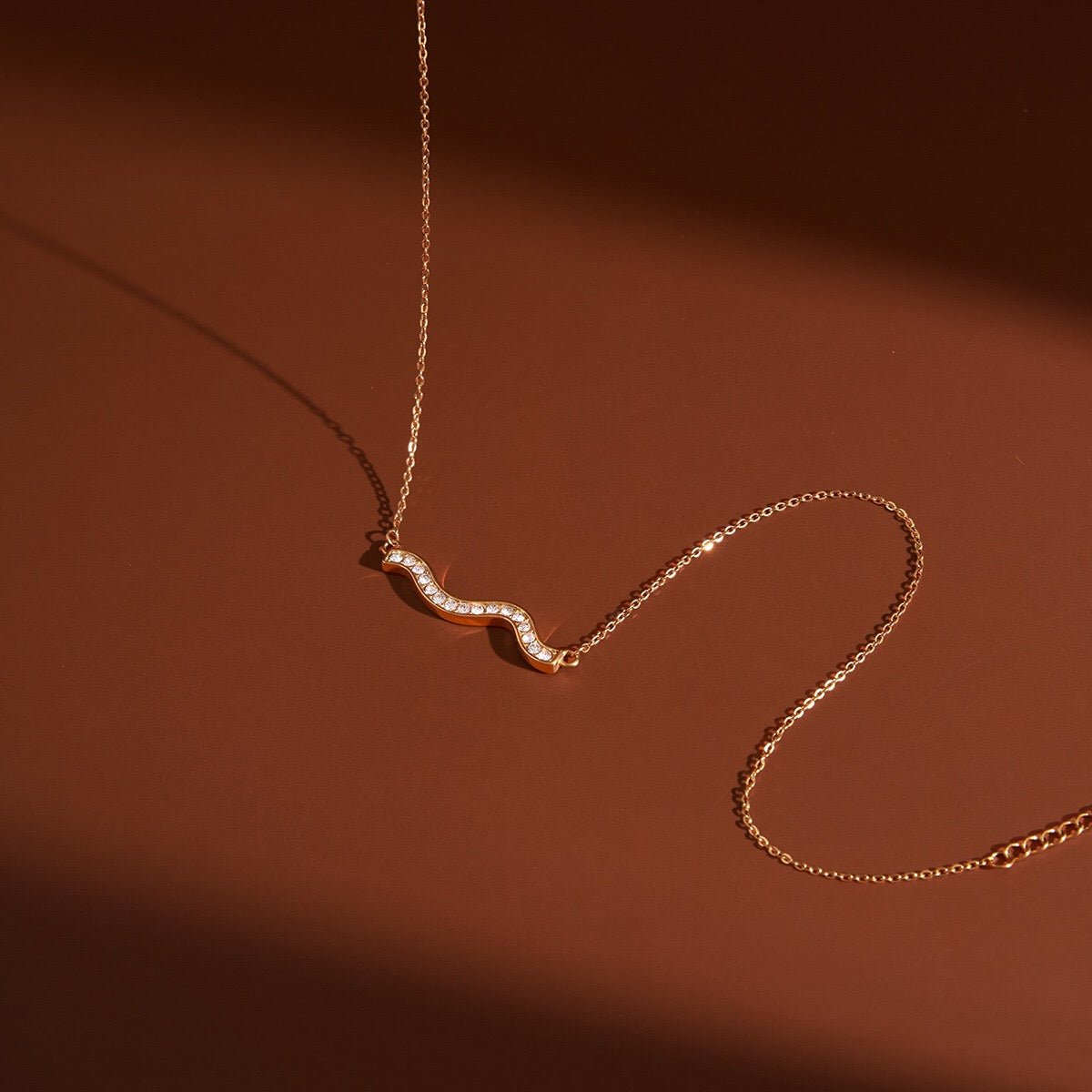 18K Gold Ocean Sway Pave Wave Dainty Pendant Necklace