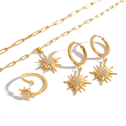 18K Gold Solar Pendant Paper Clip Double Chain Layered Necklace Set