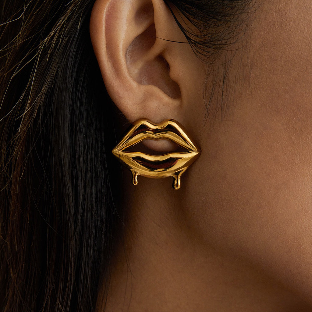 18K Gold Golden Drip Cherry Lips Star Statement Stud Earrings