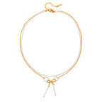 18K Gold Coquette Bow Pearl Chain Layered Necklace & Stud Earrings & Bracelet & Ring Set