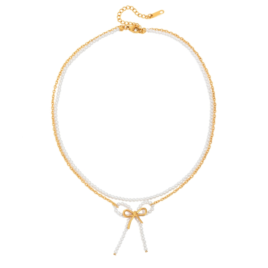 18K Gold Coquette Bow Pearl Chain Layered Necklace & Stud Earrings & Bracelet & Ring Set