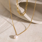 18K Gold Paperclip Chain Pearl Pendant Layered Necklace Set