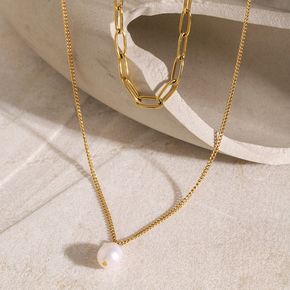 18K Gold Paperclip Chain Pearl Pendant Layered Necklace Set