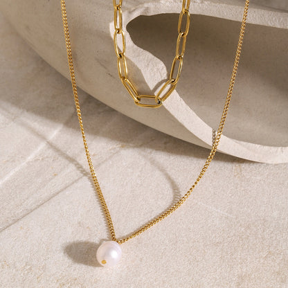 18K Gold Paperclip Chain Pearl Pendant Layered Necklace Set