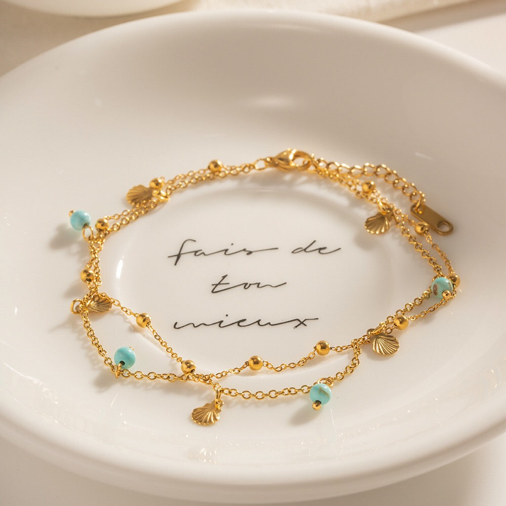 18K Gold Seabreeze Shell Double Chain Dainty Anklet