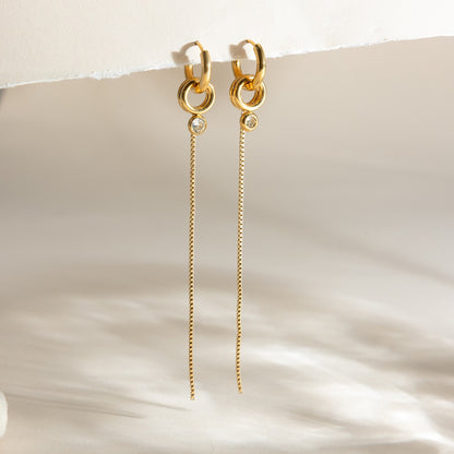 18K Gold Elite Long Drop Small Hoop Huggie Earrings