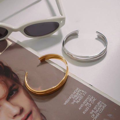 18K Gold Minimalist Edge Simple Wave Stacking Cuff Bangle Bracelet