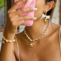 18K Gold Princess Flower Pearl Pendant Ribbon Chain Layered Necklace Set