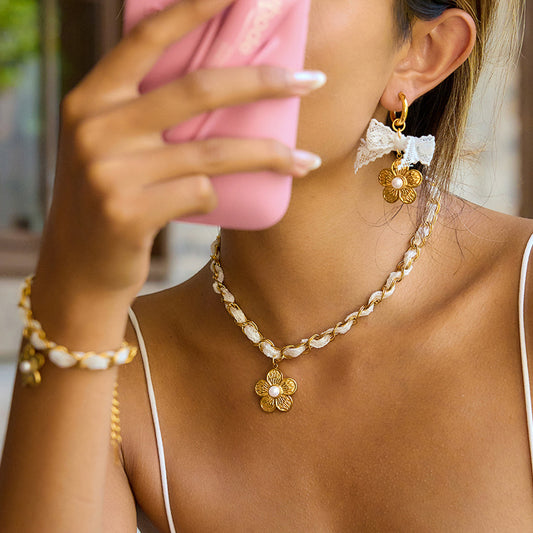 18K Gold Princess Flower Pearl Pendant Ribbon Chain Layered Necklace Set