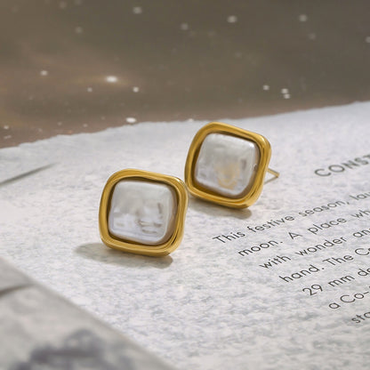 18K Gold Classy Pearl Square Stud Earrings