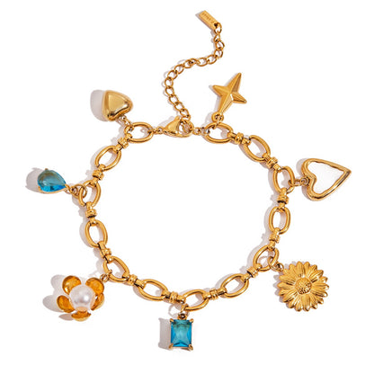 18K Gold Ocean Blue Charm Bracelet Sleek Bangle Stack